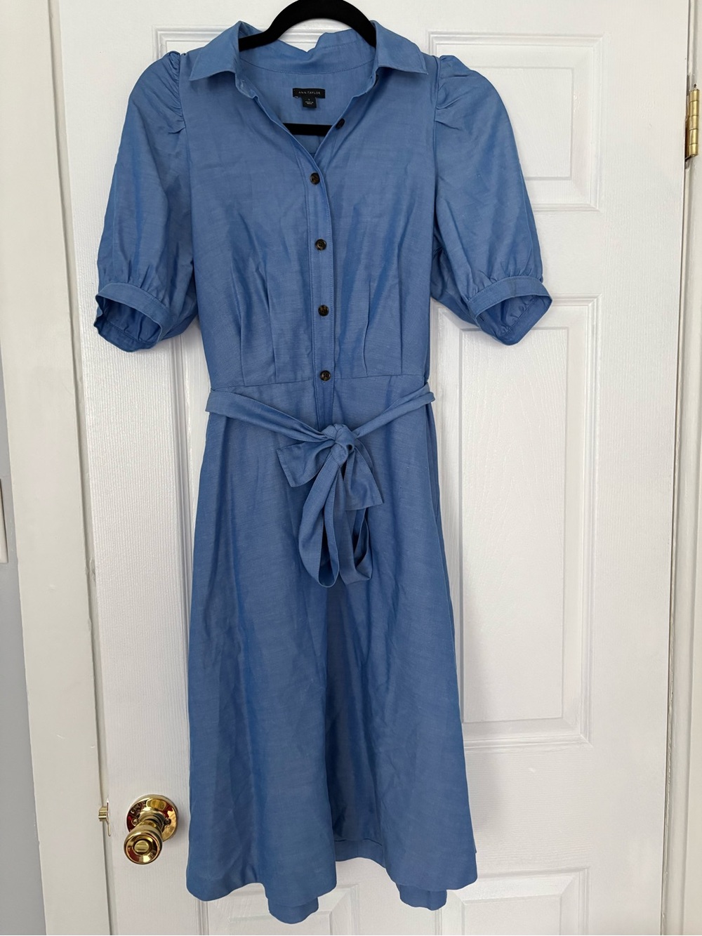 Ann Taylor Blue Puff Sleeve Midi Shirt Dress Size Small